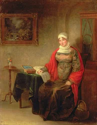 Portrait de Mme John Crome assise à une table avec une boîte à ouvrage ouverte